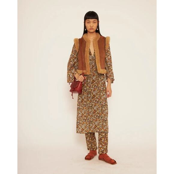 Antik Batik Colline Floral Long Sleeve V-Neck Midi Dress Rust Women's Size S/38 - Picture 1 of 11